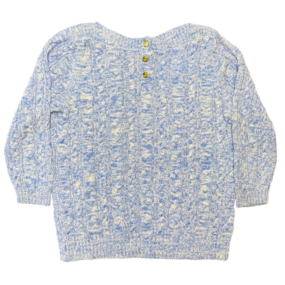 Lands End Blue White Cable Knit Sweater Gold Button Pullover Women Large